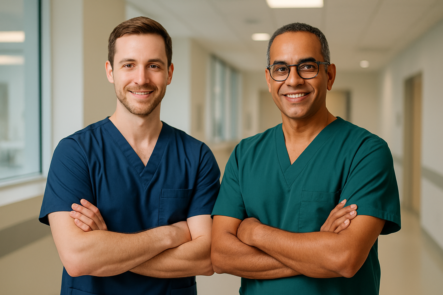  2 men wearing scrubs sets